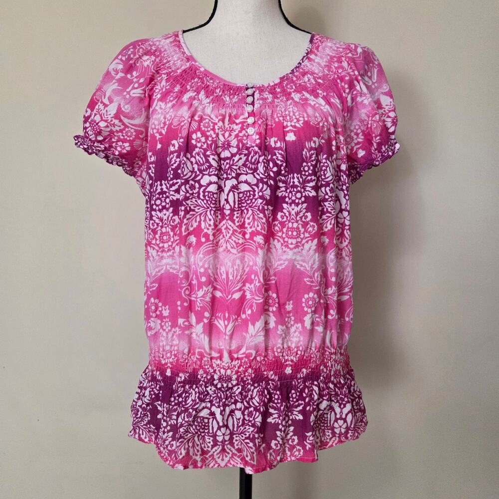 Izod Size XL Pullover Smocked Puff Cap Sleeve Peplum Top Pink Ombre Floral
